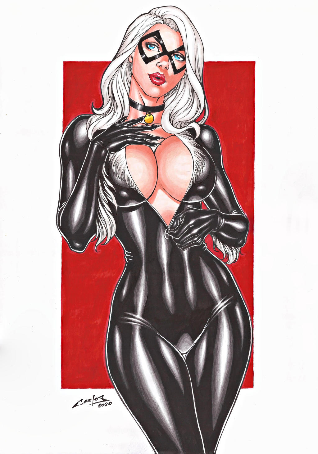1girl bare_shoulders big_breasts black_bodysuit black_cat_(marvel) black_choker black_mask blue_eyes bodysuit breasts carlos_braga choker cleavage collarbone domino_mask felicia_hardy female_only female_solo hand_up head_tilt heroine jewelry lips lipstick long_hair looking_at_viewer makeup marvel marvel_comics mask neck necklace open_bodysuit open_clothes red_background red_lipstick skin_tight spider-man_(series) standing superhero_costume superheroine unzipping white_background white_hair