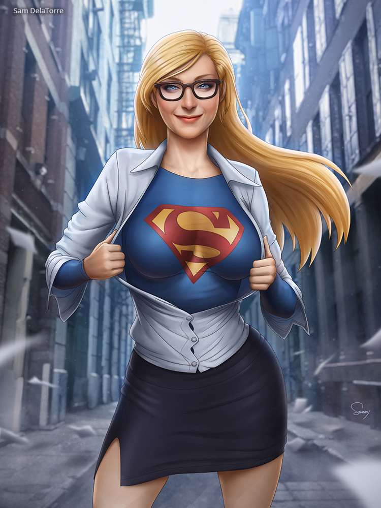1girl alley bangs bare_legs black-framed_eyewear black_skirt blonde_female blonde_hair blue_clothing blue_eyes blurry breasts building city cityscape closed_mouth collared_shirt day dc_comics dcau depth_of_field female_only female_solo floating_hair glasses grey_shirt half-closed_eyes heroine kara_zor-el kryptonian legs lips lipstick long_hair long_sleeves looking_at_viewer makeup medium_breasts miniskirt naughty_face neck open_clothes open_shirt outside pencil_skirt pink_lipstick sam_delatorre sam_delatorre_(artist) shirt skin_tight skirt smile standing straight_hair supergirl supergirl_(series) superhero_costume superheroine superman_(series) swept_bangs undressing white_shirt