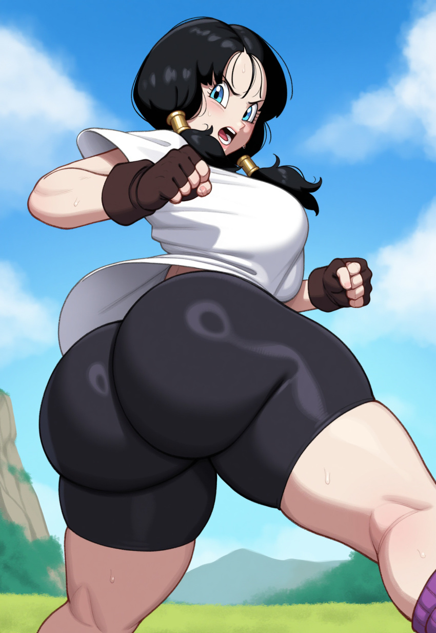 ai_generated angry_expression bare_thighs big_ass big_ass big_breasts big_breasts bike_shorts black_hair blue_eyes blush dragon_ball dragon_ball_z fat_ass gigantic_ass huge_breasts huge_thighs light-skinned_female light_skin looking_at_viewer low-angle_view massive_ass onlycakez open_mouth pigtails solo_female squatting sweat sweatdrop t-shirt thick_body thick_female thick_thighs thighs videl voluptuous voluptuous_female