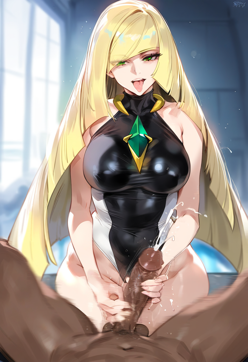 1boy1girl 1girl 1girl ai_generated blonde_hair dark-skinned_male lusamine nude one-piece_swimsuit pokemon pokemon_sm sex swimsuit