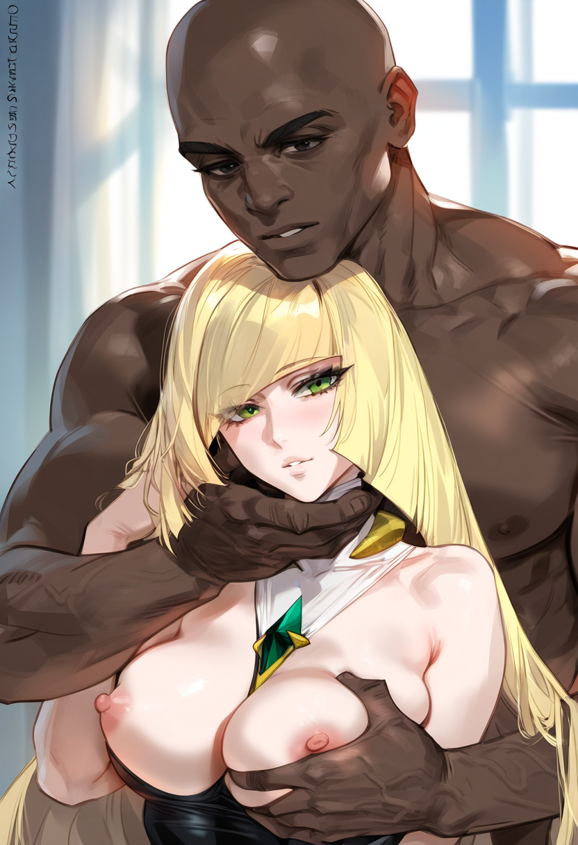 1boy1girl 1girl 1girl ai_generated blonde_hair dark-skinned_male lusamine nude one-piece_swimsuit pokemon pokemon_sm swimsuit