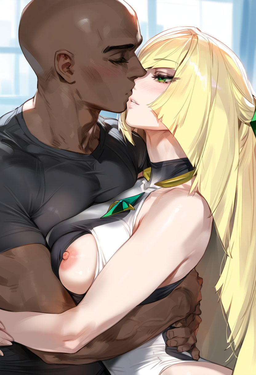 1boy1girl 1girl 1girl ai_generated blonde_hair dark-skinned_male lusamine one-piece_swimsuit pokemon pokemon_sm swimsuit