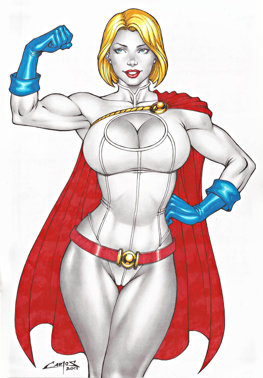 1girl arm_up bangs bare_legs belt big_breasts blonde_female blonde_hair blue_eyes blue_gloves bob_cut breasts cape carlos_braga cleavage_cutout clenched_hand clothing_cutout contrapposto dc_comics dcau female_only female_solo gloves grin hand_on_hip hand_up highleg highleg_leotard justice_league justice_league_unlimited justice_society_of_america legs legs_together leotard lips lipstick looking_at_viewer makeup mound_of_venus muscle muscular muscular_female naughty_face neck parted_bangs parted_lips power_girl red_belt red_cape red_lipstick short_hair simple_background skin_tight smile standing superman/batman:_public_enemies thighs white_background white_leotard