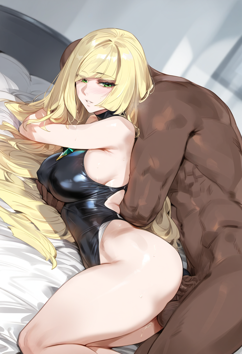 1boy1girl 1girl 1girl ai_generated blonde_hair dark-skinned_male lusamine nude one-piece_swimsuit pokemon pokemon_sm sex swimsuit