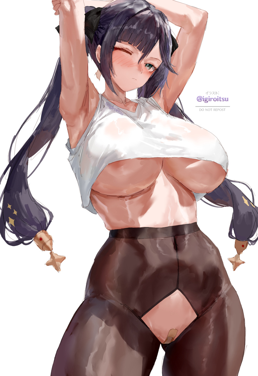1girl big_breasts black_hair blue_eyes bubble_butt cleavage genshin_impact horny igiroitsu inviting_to_sex looking_at_viewer mona_(genshin_impact) pose standing stockings teasing thick_thighs