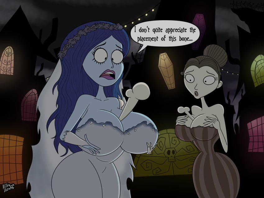 1girl 1monster 2d altzegoz_(artist) big_breasts blue_hair blue_skin cleavage corpse corpse_bride disney edit emily_(corpse_bride) hair_bun huge_breasts short_hair victoria_everglot zombie_girl