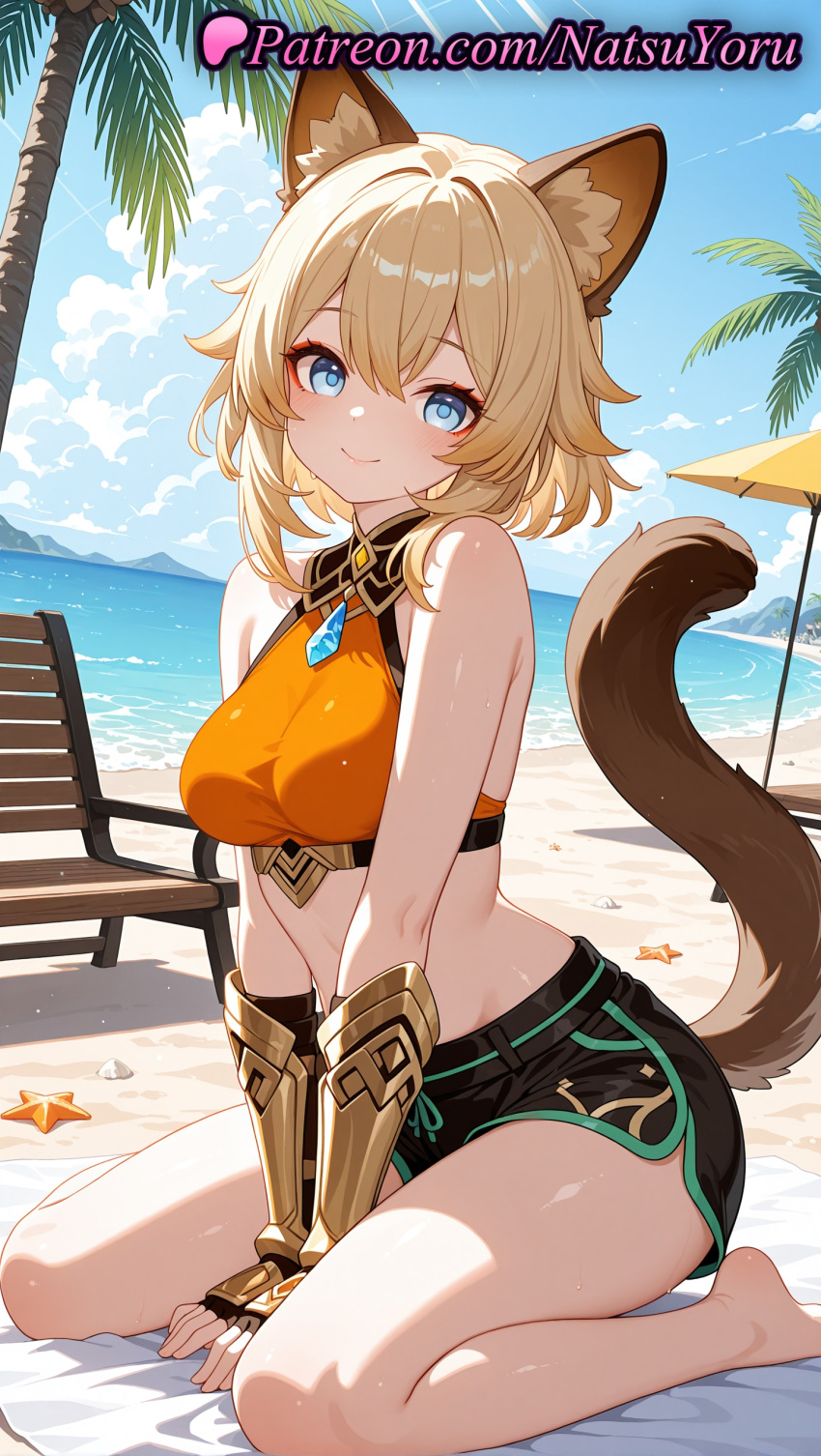 1girl 1girl 1girls 2025 ai ai_assisted ai_generated animal_ear_fluff animal_ears anime anime_style asian bangs bare_legs bare_shoulders barefoot beach beach_chair beach_umbrella between_legs big_breasts black_gloves black_shorts blonde_hair blue_eyes blue_sky breasts bust cat_ears cat_girl cat_tail closed_mouth cloud crop_top day dolphin_shorts feet female_focus female_only fingerless_gloves foot_fetish gauntlets genshin_impact gloves hair_between_eyes hentai high_quality high_res high_res high_resolution hoyoverse kachina_(genshin_impact) looking_at_viewer makeup medium_breasts medium_hair midriff mihoyo mihoyo_technology_(shanghai)_co._ltd. multi-colored_hair natsuyoru navel non-asian ocean orange_shirt outside palm_tree patreon sand shirt short_hair short_shorts shorts sitting sky sleeveless sleeveless_shirt smile solo_female stable_diffusion starfish stomach tail tail_raised thighs toes tree umbrella voluptuous voluptuous_female wariza water