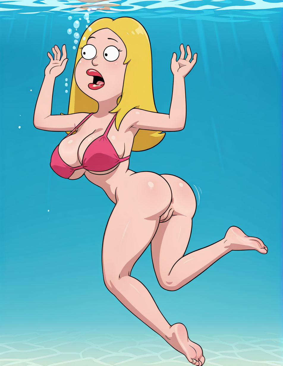 1girl 20th_century_studios ai_generated air_bubbles american_dad anus asphyxiation ass barefoot big_breasts bikini_top bikini_top_only blonde_hair bottomless breasts bubbles cleavage disney drowning feet female francine_smith light-skinned_female light_skin lipstick long_hair mature_female milf open_mouth peril pool pussy red_lipstick sexfightfun solo swimming underwater underwater_peril water