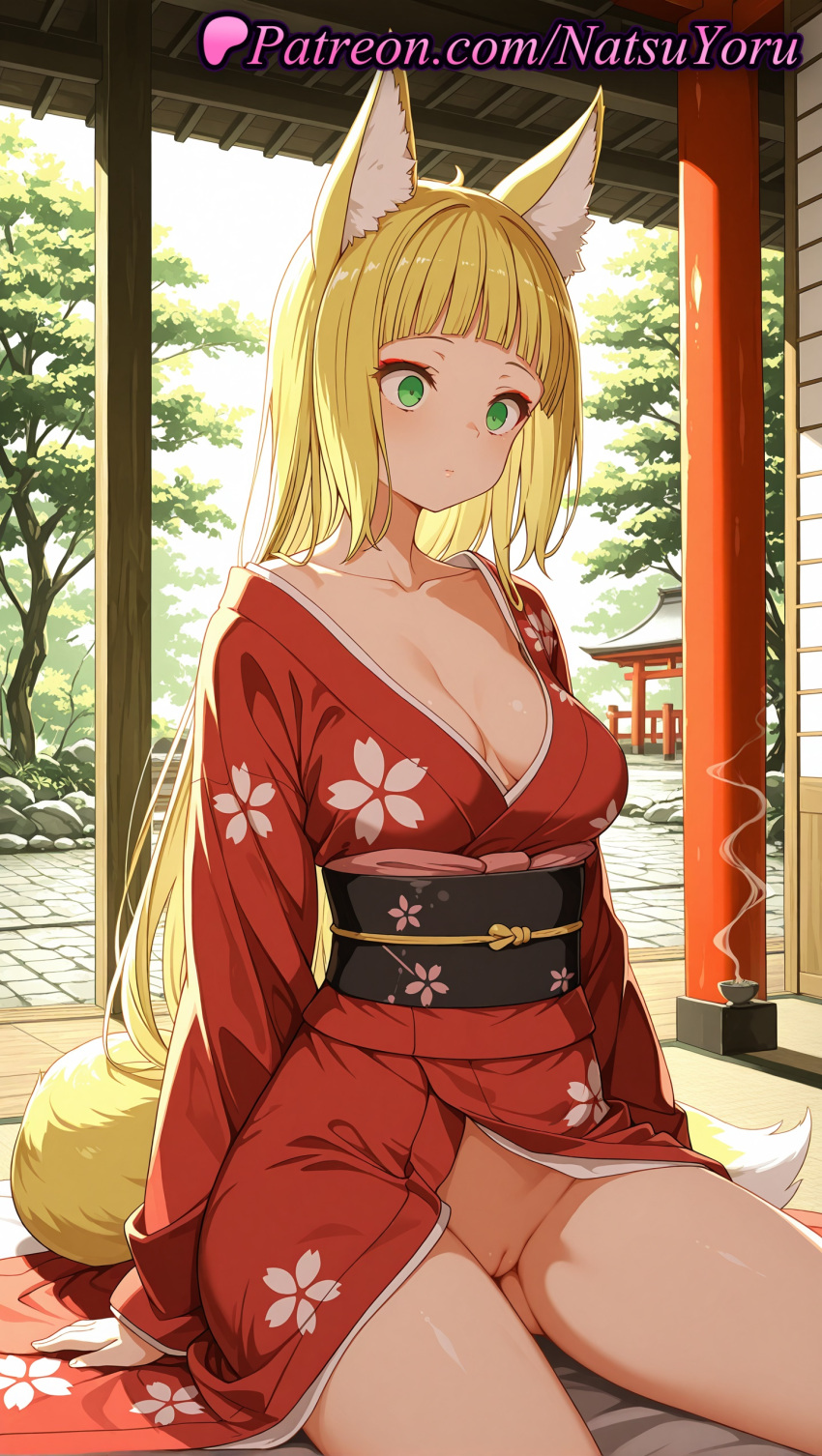 1girl 1girl 1girls 2025 ai ai_assisted ai_generated animal_ear_fluff animal_ears anime anime_style architecture asian bangs big_breasts big_breasts blonde_hair blunt_bangs blush breasts bust cleavage cleft_of_venus closed_mouth collarbone cup day dungeon_ni_deai_wo_motomeru_no_wa_machigatteiru_darou_ka east_asian_architecture expressionless female_focus female_only floral_print fox_ears fox_girl fox_tail green_eyes haruhime hentai high_quality high_res high_res high_resolution japanese_clothes kimono long_hair long_sleeves looking_at_viewer makeup medium_breasts natsuyoru no_panties obi outside paipan patreon print_kimono pussy pussy red_kimono sanjouno_haruhime sash sitting solo_female stable_diffusion stone_lantern tail tatami thighs torii tree uncensored very_long_hair voluptuous voluptuous_female wafuku