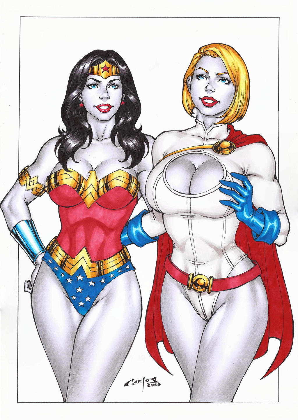 2_girls amazon armlet bangs bare_arms bare_legs bare_shoulders belt big_breasts black_hair blonde_female blonde_hair blue_eyes blue_gloves blue_leotard bob_cut bracer breasts cape carlos_braga cleavage cleavage_cutout clothing_cutout collarbone couple crossed_legs crossed_legs_(standing) dc_comics dcau diana_prince duo earrings female/female female_only gloves grabbing grabbing_own_breast grin hand_on_hip heroine highleg highleg_leotard jewelry justice_league justice_league_unlimited justice_society_of_america legs leotard lips lipstick long_hair looking_at_another makeup medium_breasts mound_of_venus multicolored_clothes multicolored_leotard multiple_girls mutual_yuri naughty_face neck parted_bangs parted_lips power_girl red_belt red_cape red_earrings red_leotard red_lipstick short_hair side-by-side simple_background skin_tight smile standing star star_(symbol) star_print straight_hair strapless strapless_leotard superhero_costume superheroine superman/batman:_public_enemies swept_bangs themysciran thick_thighs thighs tiara two-tone_bodysuit white_background white_leotard wonder_woman wonder_woman_(series) yuri