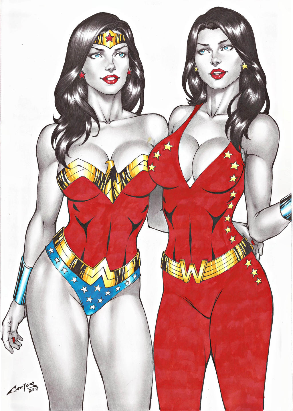 2_girls amazon bangs bare_arms bare_legs bare_shoulders big_breasts black_hair blue_eyes blue_leotard bracer breasts carlos_braga cleavage collarbone couple dc_comics dcau diana_prince dual_persona duo earrings eye_contact female/female female_only grin heroine highleg highleg_leotard jewelry justice_league justice_league_unlimited legs leotard lips lipstick long_hair looking_at_another makeup mound_of_venus multicolored_clothes multicolored_leotard multiple_girls mutual_yuri nail_polish naughty_face neck parted_bangs parted_lips red_earrings red_leotard red_lipstick red_nails selfcest side-by-side simple_background smile standing star star_(symbol) star_print straight_hair strapless strapless_leotard superhero_costume superheroine themysciran thighs tiara two-tone_bodysuit white_background wonder_woman wonder_woman_(series) yellow_earrings yuri