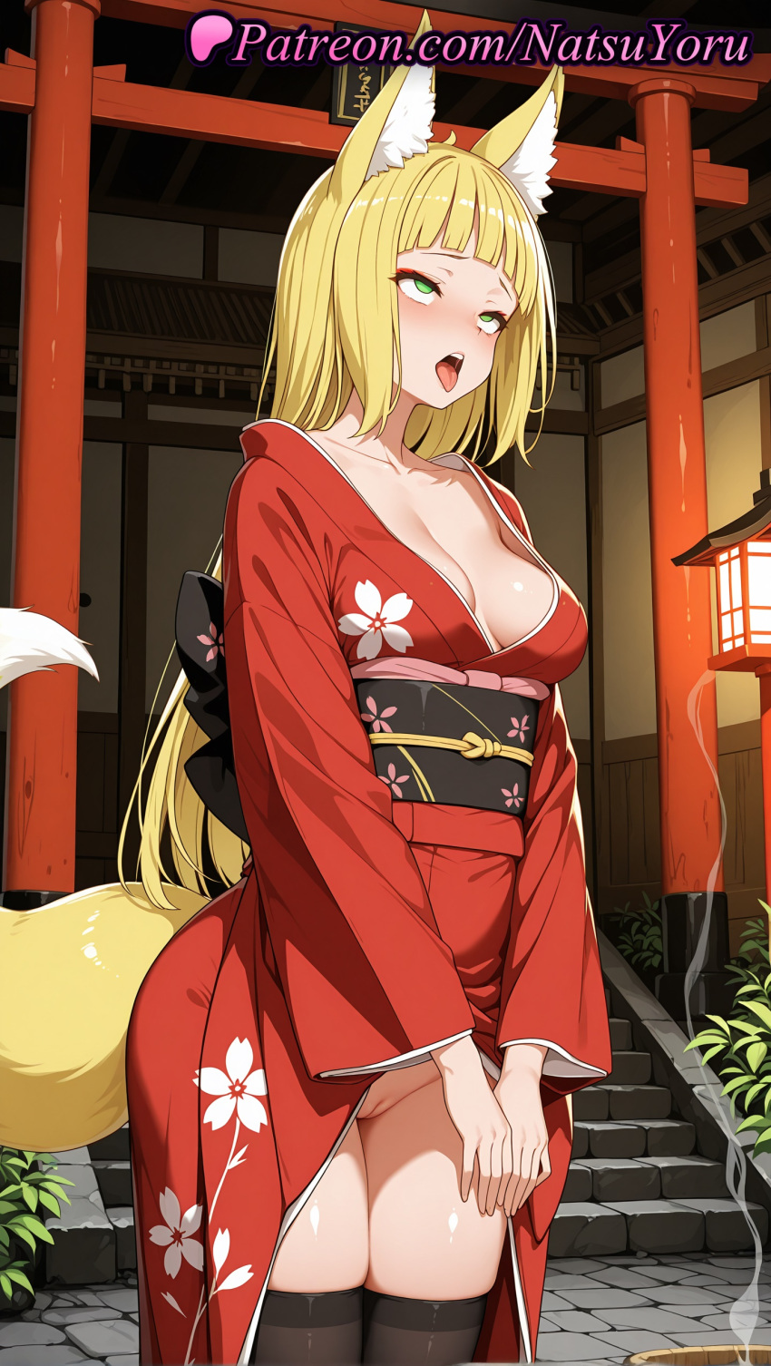 1girl 1girl 1girls 2025 ahegao ai ai_assisted ai_generated animal_ear_fluff animal_ears anime anime_style architecture artist_name bangs big_breasts big_breasts black_legwear black_thighhighs blonde_hair blunt_bangs blush breasts bust cleavage clothes_lift clothing collarbone dungeon_ni_deai_wo_motomeru_no_wa_machigatteiru_darou_ka east_asian_architecture female_focus female_only floral_print fox_ears fox_girl fox_tail green_eyes haruhime hentai high_quality high_res high_res high_resolution japanese_clothes kimono kimono_lift lantern long_hair long_sleeves looking_at_viewer makeup medium_breasts multiple_torii natsuyoru no_bra no_panties non-asian obi open_kimono open_mouth outside own_hands_together patreon print_kimono pussy pussy red_kimono rolling_eyes sanjouno_haruhime sash shrine solo_female stable_diffusion stairs standing stockings tail teeth thighs tongue tongue_out torii uncensored voluptuous voluptuous_female wafuku wide_sleeves yukata