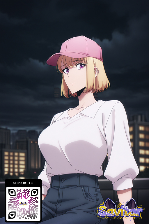 1girl 1girl 1girl ai_generated baseball_cap big_breasts blonde_hair breasts clothing denim hat headwear jeans littlehentai looking_at_viewer night pants pink_headwear purple_eyes savitar savitar_(artist) shirt short_hair text white_shirt