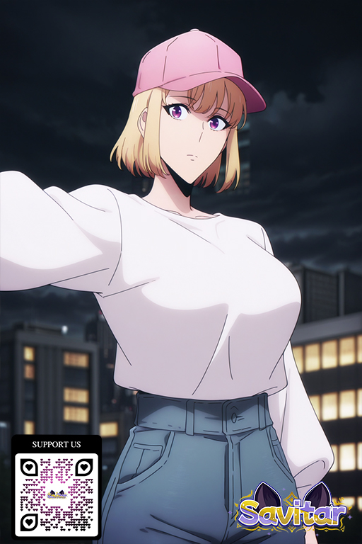 1girl 1girl 1girl ai_generated baseball_cap big_breasts blonde_hair breasts clothing denim hat headwear jeans littlehentai looking_at_viewer night pants pink_headwear purple_eyes savitar savitar_(artist) shirt short_hair text white_shirt