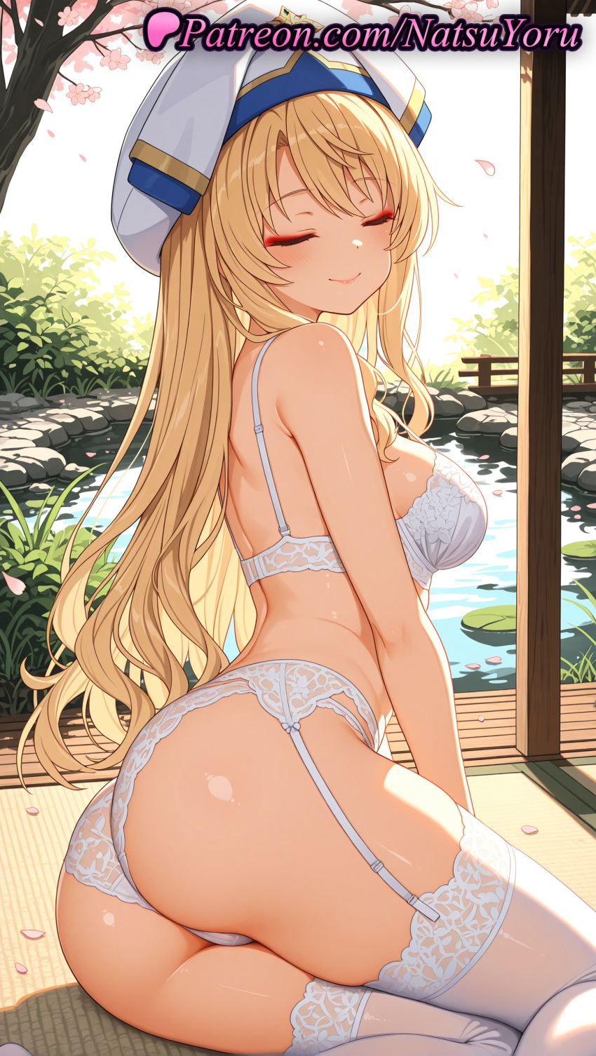 1girl 1girl 1girls 2025 ai ai_assisted ai_generated anime anime_style ass ass bangs bare_arms bare_shoulders big_breasts big_breasts blonde_hair blush bra breasts bust closed_eyes closed_mouth facing_viewer female_focus female_only garter_belt garter_straps goblin_slayer hat hentai high_quality high_res high_res high_resolution juicy_butt lace-trimmed_bra lace_trim lily_pad lingerie long_hair makeup medium_breasts natsuyoru panties panties patreon petals pond priestess_(goblin_slayer) sideboob sitting smile solo_female stable_diffusion stockings thighs thong tree underwear underwear_only voluptuous voluptuous_female water wet white_bra white_garter_belt white_headwear white_legwear white_panties white_thighhighs yokozuwari