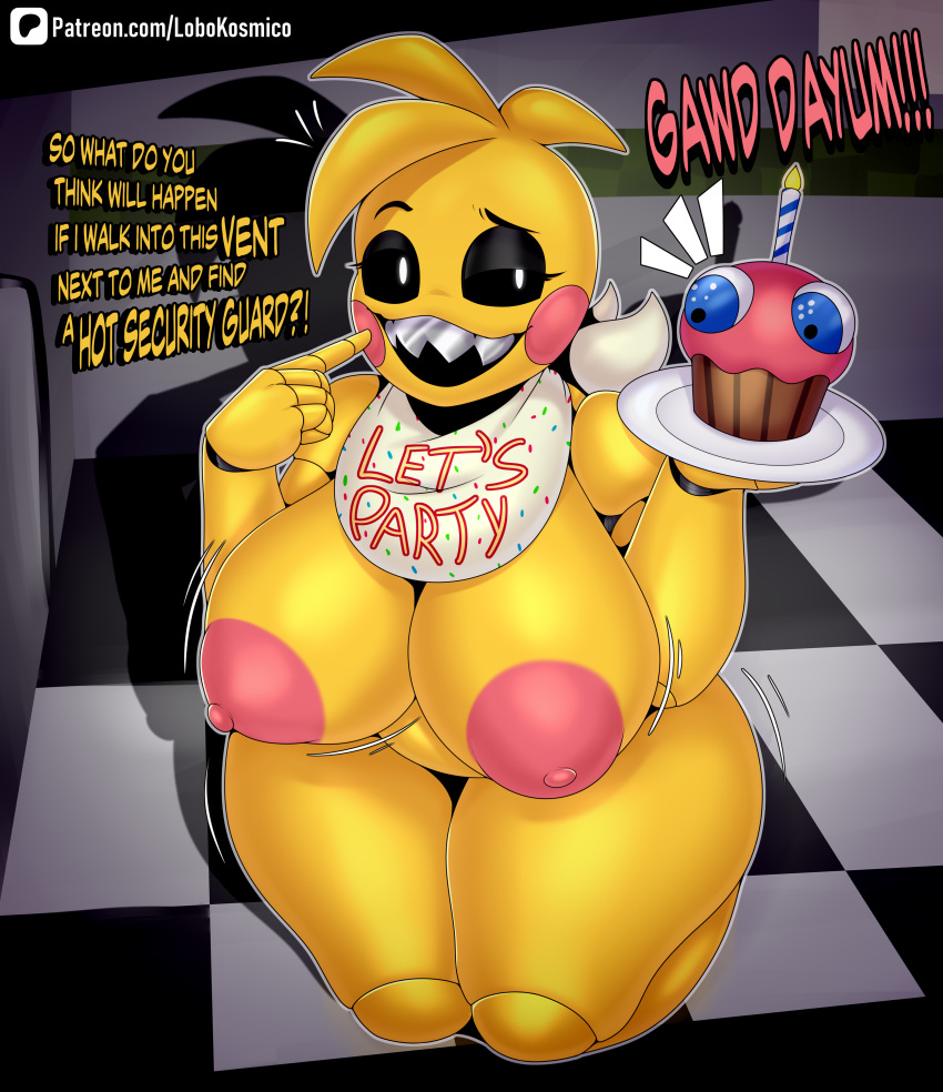 1girl 1girl 1girls animatronic animatronic_female big_breasts breasts breasts_out chicken chicken_girl cupcake_(fnaf) five_nights_at_freddy's five_nights_at_freddy's_2 lobokosmico robot robot_girl scottgames toy_chica_(fnaf)