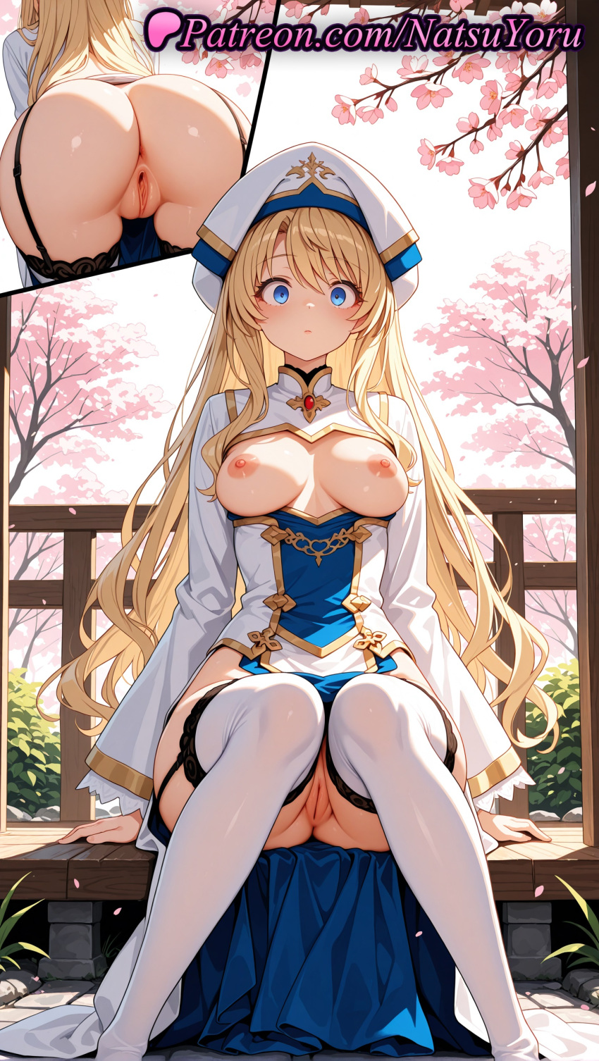 1girl 1girl 1girls 2025 ai ai_assisted ai_generated anime anime_style anus anus asian ass ass bangs big_breasts big_breasts blonde_hair blue_eyes blush breasts breasts_out bust cherry_blossoms cleft_of_venus closed_mouth clothing dress female_focus female_only female_solo garter_belt garter_straps goblin_slayer hat hentai high_quality high_res high_res high_resolution juicy_butt knees_together_feet_apart labia labia_majora long_hair long_sleeves looking_at_viewer medium_breasts multiple_views natsuyoru nipples nipples_outside no_bra no_panties non-asian outside patreon pelvic_curtain petals priestess_(goblin_slayer) pussy pussy sitting solo_female stable_diffusion stockings stockings thighs tree uncensored uncensored_nipples voluptuous voluptuous_female white_dress white_footwear white_headwear white_legwear white_thighhighs