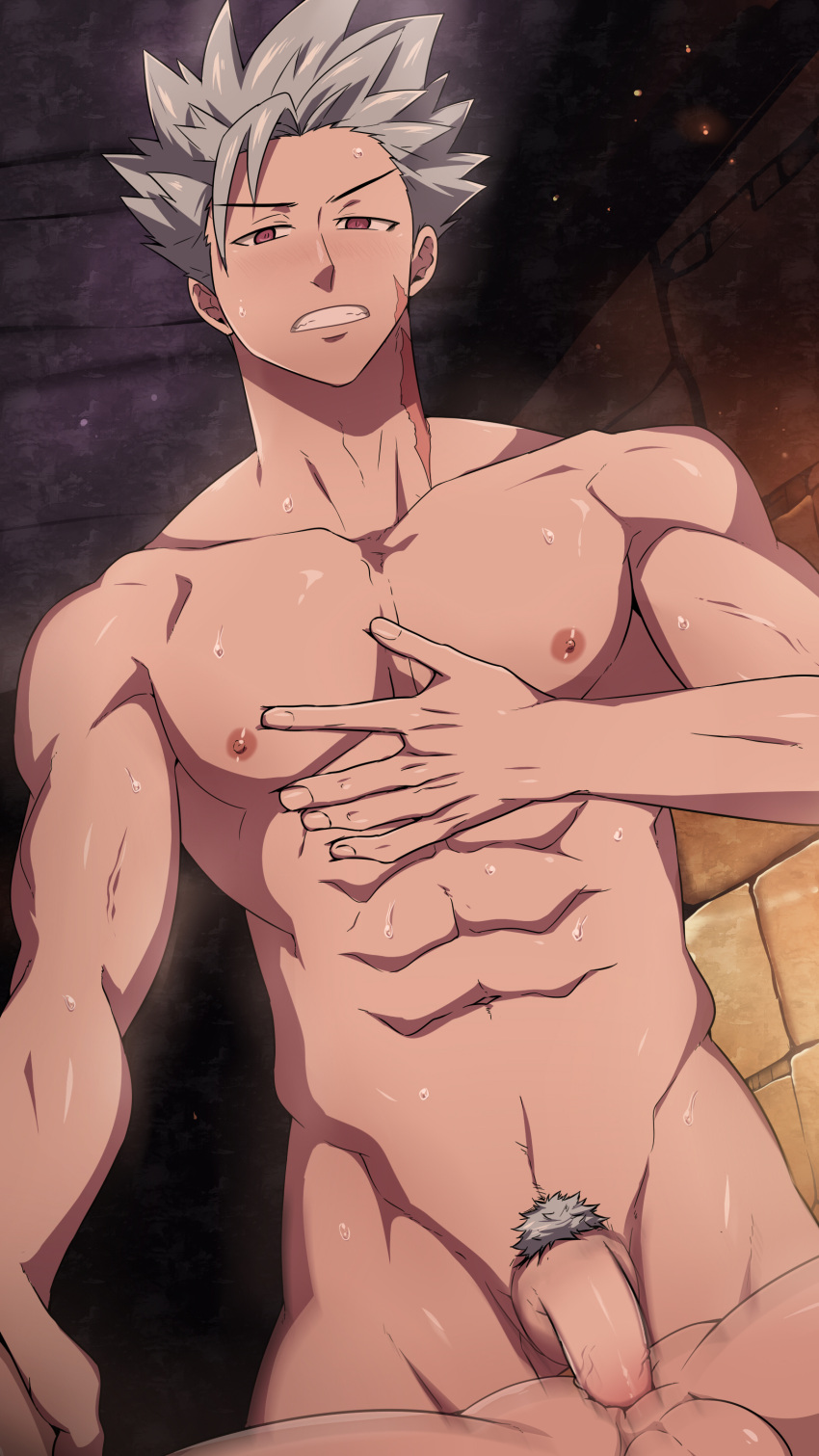 1boy ban_(nanatsu_no_taizai) erect_penis erection male male_focus male_nipples male_only mazjojo muscular muscular_male nanatsu_no_taizai nipples penis