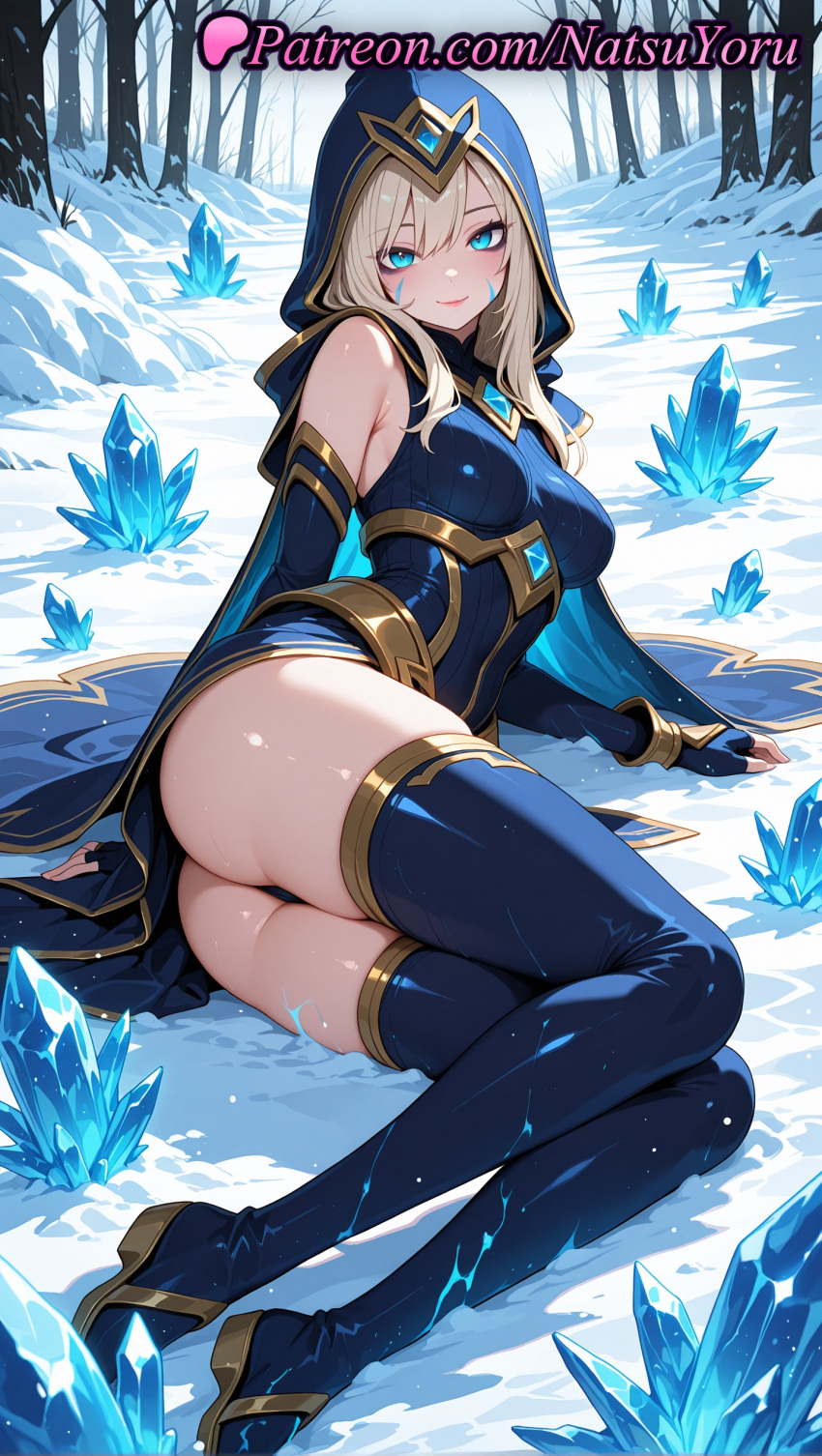 1girl 1girl 1girls 2025 ai ai_assisted ai_generated anime anime_style arm_support ashe_(league_of_legends) ass ass bangs bare_shoulders big_breasts black_panties blonde_hair blue_cape blue_eyes blue_footwear blue_gloves blue_thighhighs boots breasts bust cape closed_mouth crystal detached_sleeves dress elbow_gloves facial_mark female_focus female_only fingerless_gloves forest full_body gem gloves gold_trim hair_between_eyes hentai high_heel_boots high_heels high_quality high_res high_res high_resolution hood hood_up ice juicy_butt league_of_legends league_of_legends:_wild_rift leotard long_hair looking_at_viewer lying makeup medium_breasts natsuyoru on_side outside panties patreon riot_games sitting smile snow snowing solo_female stable_diffusion stockings thigh_high_boots thighs tree underwear voluptuous voluptuous_female