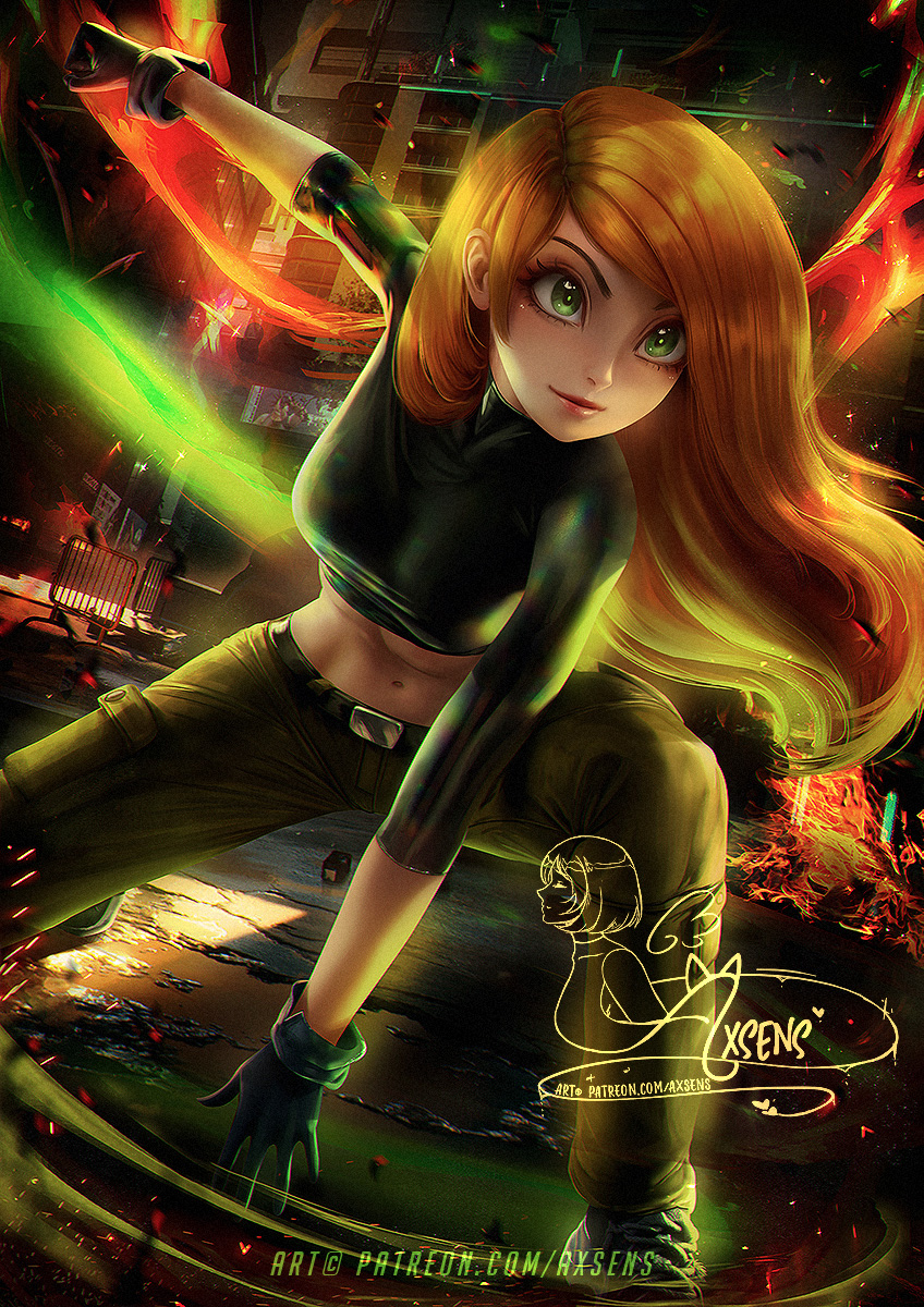 1girl arm_support arm_up axsens bangs belt black_belt black_gloves black_shirt breasts brown_hair clenched_hand closed_mouth disney female_only female_solo floating_hair gloves green_eyes green_pants heroine kim_possible kimberly_ann_possible lips lipstick long_hair long_sleeves looking_at_viewer makeup medium_breasts midriff naughty_face navel neck outstretched_arm pants pink_lipstick shirt shoes smile sneakers squatting straight_hair swept_bangs teenage_girl turtleneck turtleneck_shirt