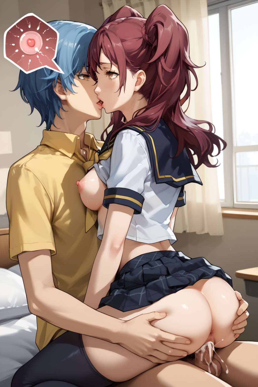 1boy 1girl ai_generated ass blue_hair breasts cowgirl_position crossover cum cum_in_pussy hands_on_ass impregnation kissing masaki_ashiya nipples penetration penis penis_in_pussy persona persona_4 persona_5 rise_kujikawa sex sperm_cell vaginal vaginal_penetration vaginal_sex