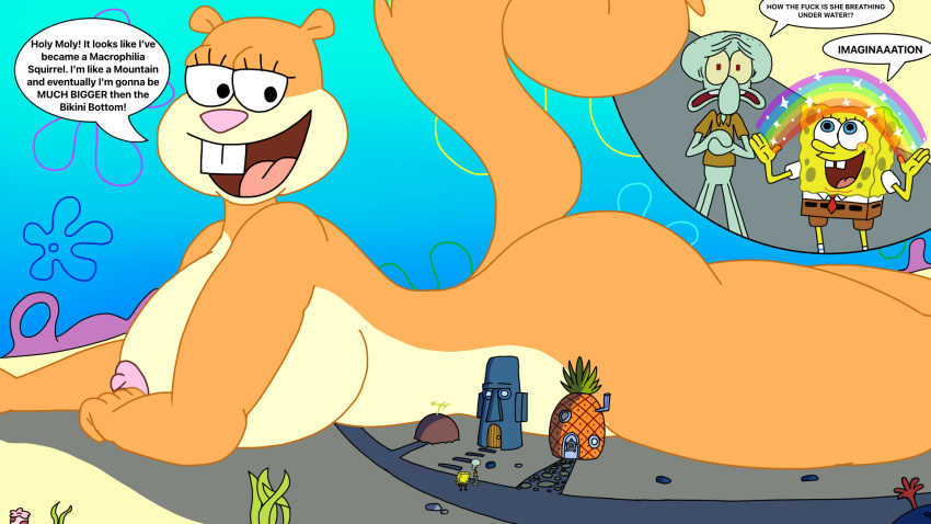 1girl 2boys anthro ass avathecat0 big_breasts blue_eyes blue_skin breasts brown_fur brown_pants brown_shirt buckteeth cephalopod clothed clothed_male_nude_female clothing coral dialogue enormous_breasts eyelashes female fruit furry giantess gigantic_breasts house huge_breasts larger_female lying_on_stomach male mammal marine massive_breasts nickelodeon nipple nude nude_female nude_female_clothed_male octopodiform octopus open_mouth pants pineapple rainbow rock rodent sandy_cheeks scared sea_sponge shirt size_difference smaller_male spongebob spongebob_squarepants squidward_tentacles squirrel tail text text_bubble tree_squirrel underwater water yellow_body