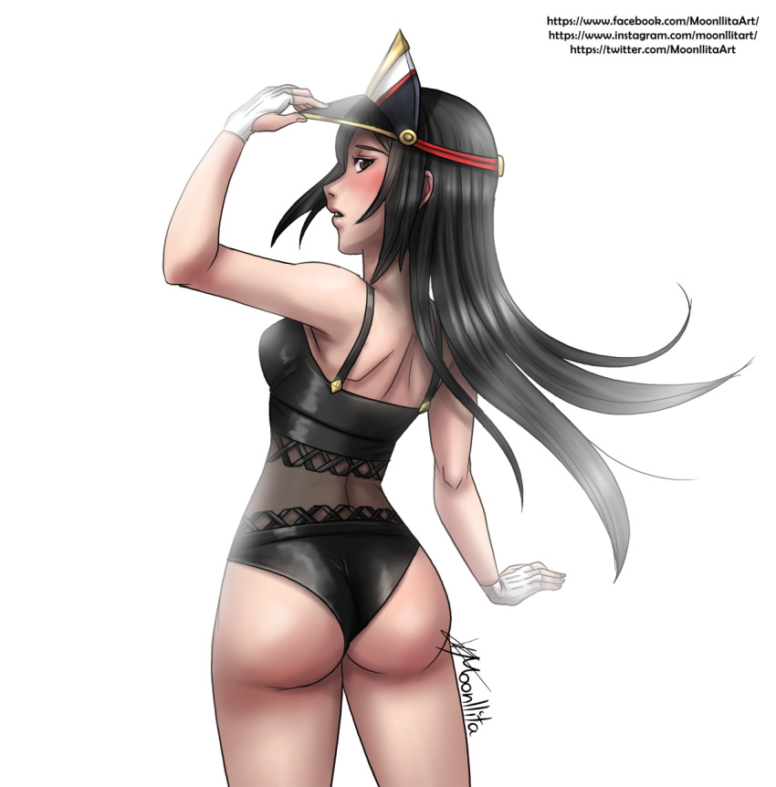 1girl alluring ass bare_back bare_shoulders bikini black_hair blush blush gloves hat kuki_(artist) kukimoonie latex long_hair looking_back moonllita_(artist) morag_ladair_(xenoblade) nintendo one-piece_bikini open_mouth see-through swimsuit swimwear very_long_hair watermark xenoblade_(series) xenoblade_chronicles_2