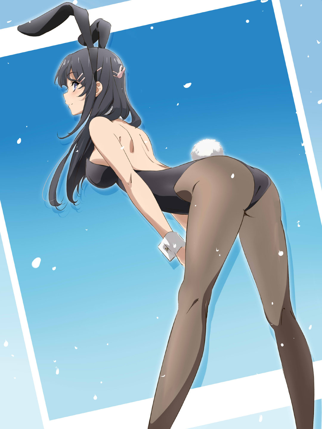 1girl animal_ears ass back bare_arms bare_back bare_shoulders bent_over big_ass black_bunny_ears black_hair black_leotard blue_background breasts brown_legwear brown_pantyhose bunny_ears bunny_tail closed_mouth detached_collar fake_animal_ears female_only female_solo leaning leaning_forward legs legwear leotard long_hair looking_at_viewer looking_back medium_breasts pantyhose playboy_bunny playboy_bunny_leotard purple_eyes sakurajima_mai seishun_buta_yarou seishun_buta_yarou_wa_bunny_girl_senpai_no_yume_wo_minai sideboob smile standing straight_hair strapless strapless_leotard tail thighs wrist_cuffs yamamoto_midori yamamoto_midori_(artist)