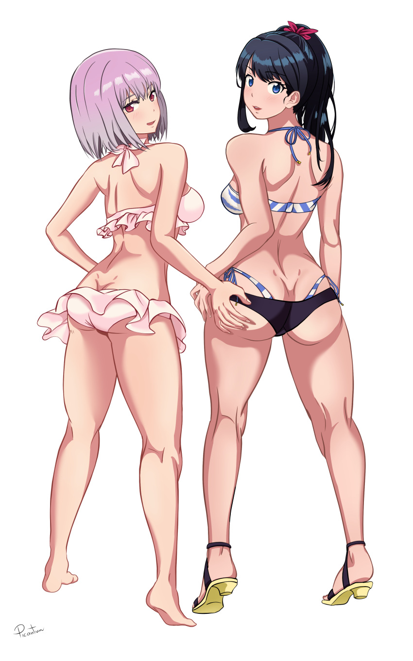 2_girls akane_shinjou arm_at_side arms_at_sides ass ass_grab back bare_arms bare_back bare_legs bare_shoulders barefoot big_ass bikini bikini_bottom black_bikini_bottom black_hair blue_eyes breasts couple dimples_of_venus duo eyebrows_visible_through_hair feet female/female female_only friends frilled_bikini frilled_swimsuit frills from_behind full_body grabbing grabbing_another's_ass grabbing_own_ass hair_between_eyes hand_on_another's_ass high_ponytail kneepits lavender_hair legs long_hair looking_at_viewer looking_back medium_breasts multiple_girls mutual_yuri neck open_mouth picantium picantium_(artist) ponytail posterior_cleavage red_eyes rikka_takarada sandals shinjou_akane shiny shiny_hair shorts side-by-side side-tie_bikini sideboob simple_background small_breasts smile ssss.gridman standing striped striped_bikini striped_swimsuit swimsuit takarada_rikka teenage_girl thick_thighs tied_hair tiptoes white_background white_bikini white_swimsuit yuri