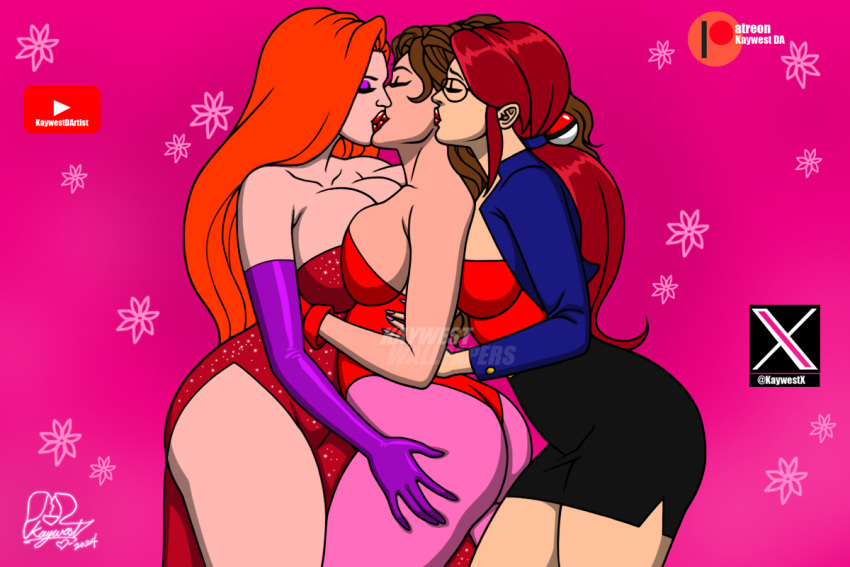 3_girls ass avengers bangs bare_legs bare_shoulders big_ass big_breasts black_skirt blue_jacket breast_press breasts brown_hair cleavage closed_eyes collarbone couple crossover disney dress duo duo_focus elbow_gloves elite_four elite_four_(kanto_region) eyeshadow female/female female/female/female female_only girl_sandwich glasses gloves hair_ornament huge_ass huge_breasts hugging jacket jessica_rabbit kaywest kissing legs legwear leotard lips lipstick long_dress long_hair long_sleeves lorelei lorelei_(pokemon) love low_ponytail makeup marvel marvel_comics miniskirt multiple_girls mutual_yuri nail_polish neck nintendo open_clothes open_jacket orange_hair pantyhose parted_bangs pencil_skirt pink_background pink_legwear pink_pantyhose poke_ball_hair_ornament pokemon pokemon_(anime) pokemon_(game) pokemon_rgby ponytail purple_eyeshadow purple_gloves red_dress red_gloves red_hair red_leotard red_lipstick red_tubetop romantic romantic_couple sandwiched scarlet_witch side_slit sideboob skirt standing straight_hair strapless strapless_dress strapless_leotard thick_thighs thighs trio tubetop wanda_maximoff who_framed_roger_rabbit x-men yuri