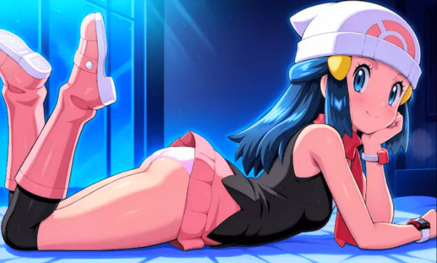 ai_generated ass blue_eyes blue_hair boots creatures_(company) dawn dawn_(pokemon) female_focus game_freak hat hikari_(pokemon) light looking_at_viewer lying miniskirt nintendo on_bed on_stomach panties pokemon_(anime) pokemon_(game) smile