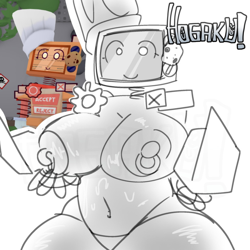 1:1 1girl 2025 baker big_breasts breasts breasts_out chef_hat coils cookie cookieware curvy die_of_death glistening_body high_res hogaku huge_thighs machine mittens monochrome navel nipple_piercing nipples oven reference_image roblox roblox_game robot robot_girl robot_humanoid screen_face sketch smile sweat sweaty thick_thighs thighs thong tight_clothing wide_hips