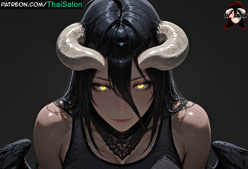 1girl 1girl 1girl 1girl 1girls ai_assisted ai_generated albedo_(overlord) bangs bare_shoulders big_breasts black_hair black_wings breasts chromatic_abberation demon_girl demon_horns feathered_wings glowing_eyes hair_between_eyes hires horns lips looking_at_viewer oily_skin overlord_(maruyama) patreon patreon_username sexually_suggestive simple_background stable_diffusion sweat sweaty tagme thaisalon upper_body watermark wings yellow_eyes