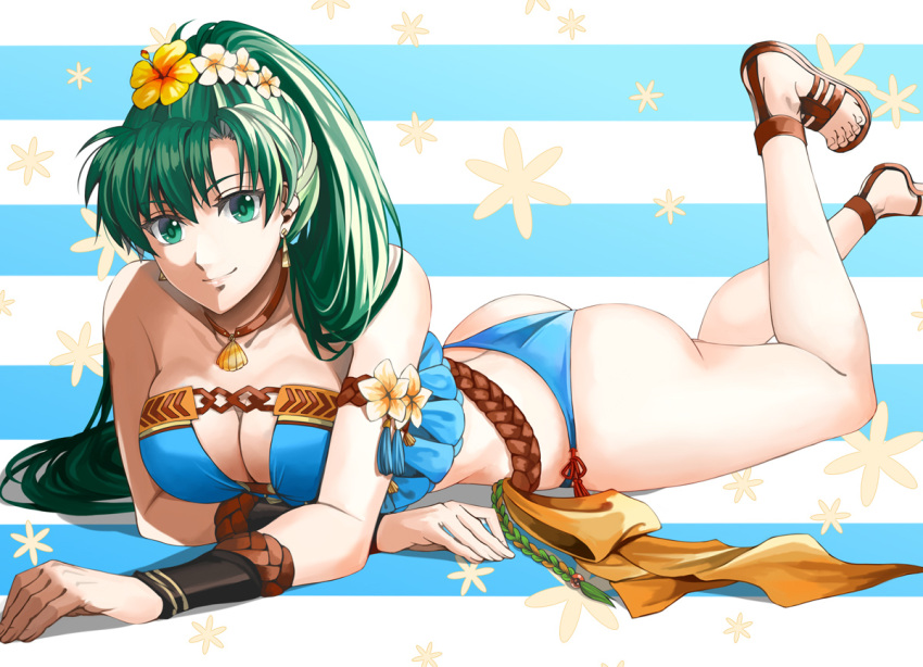 1girl 1girl 1girl 2021 2d alluring alternate_costume ass ass_cleavage big_breasts bikini blue_bikini blue_swimsuit bracelet cleavage delsaber ear_piercing earrings fire_emblem fire_emblem:_the_blazing_blade fire_emblem_heroes flower flower_in_hair gladiator_sandals green_eyes green_hair hair_flower hair_ornament heroine human human_female human_only intelligent_systems jewelry light-skinned_female light_skin lipstick long_hair looking_at_viewer lying lyn lyn_(fire_emblem) lyndis lyndis_(fire_emblem) nintendo no_sex not_ai_generated on_stomach ponytail realistic_breast_size realistic_proportions rope_belt saber7 sandals smile smiling_at_viewer solo_female straight_hair swimsuit teen teenage_girl the_pose white_skin