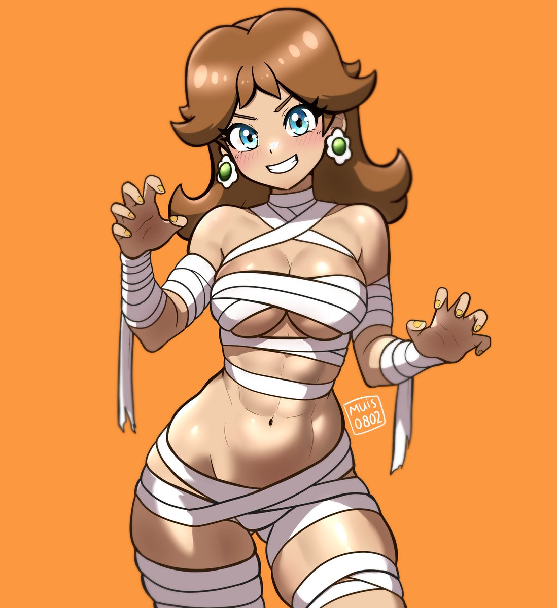 1girl 1girl 1girl abs artist_name ass_visible_through_thighs bandaged_arm bandages big_breasts big_breasts big_breasts blue_eyes blush breasts brown_hair chest_wraps child_bearing_hips claw_pose cleavage clothing cowboy_shot earrings fingernails flipped_hair flower_earrings grin halloween halloween_costume jewelry legs long_hair looking_at_viewer mario_(series) muis0802 mummy mummy_costume nail_polish naked_bandage navel nintendo orange_background orange_nails princess_daisy simple_background skindentation smile stomach thighs toned under_boob voluptuous yellow_nails