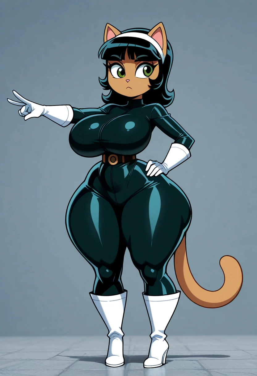 1girl 1girl ai_generated anthro anthro_female anthro_focus anthro_only bangs belt big_breasts black_hair bodysuit boots breasts cat_ears cat_girl cat_tail catgirl clothed clothed_female clothing eyelashes female_focus female_only furry furry_female furry_only gloves green_eyes hairband hand_on_hip kitty_katswell latex long_boots long_gloves medium_hair nickelodeon pink_nose seaart.ai simple_background skintight_bodysuit slim_waist solo_female solo_focus t.u.f.f._puppy tagme tan_fur thick_thighs wide_hips