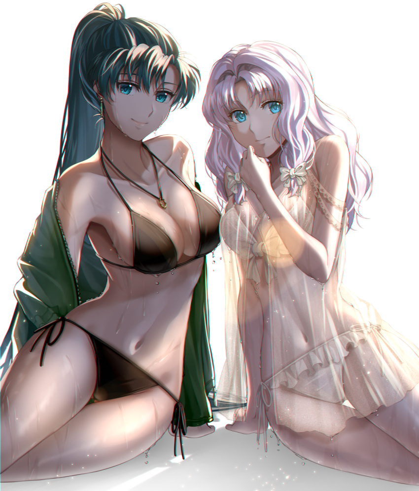 1girl 2_girls alluring alternate_costume babydoll bangs big_breasts bikini black_bikini black_swimsuit blue_eyes bow cleavage closed_mouth collarbone commentary_request delsaber earrings female_only fire_emblem fire_emblem:_the_blazing_blade florina_(fire_emblem) frills green_hair green_jacket hair_intakes hairbow high_res intelligent_systems jacket jewelry lingerie long_hair looking_at_viewer lyn lyn_(fire_emblem) lyndis medium_breasts multiple_girls navel negligee nintendo off_shoulder panties parted_bangs ponytail purple_hair see-through shadow simple_background sitting smile stomach swimsuit very_long_hair wavy_hair wet white_background white_bikini white_bow white_swimsuit