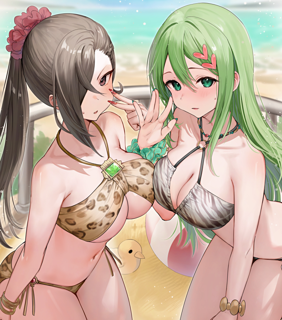 1girl 2_girls alluring animal_print ball bare_arms bare_shoulders beach beachball big_breasts bikini black_hair blush breast_pres brown_bikini cleavage collarbone criss-cross_halter day dot_nose female_focus fire_emblem fire_emblem:_path_of_radiance fire_emblem:_radiant_dawn fire_emblem_fates green_eyes green_hair hair_between_eyes hair_ornament hair_over_one_eye hair_scrunchie halterneck haru_(nakajou-28) in-franchise_crossover intelligent_systems kagero_(fire_emblem) leopard_print light_blush long_hair looking_at_viewer multiple_girls navel nephenee_(fire_emblem) nintendo o-ring o-ring_bikini ocean outside parted_lips ponytail scrunchie swimsuit symmetrical_docking under_boob