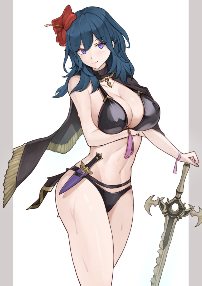 1girl absurd_res big_breasts bikini black_bikini byleth_(fire_emblem) byleth_(fire_emblem)_(female) byleth_(summer)_(fire_emblem)_(female) cleavage closed_mouth commentary cowboy_shot dagger fire_emblem fire_emblem:_three_houses fire_emblem_heroes flower hair_flower hair_ornament hibiscus high_res holding holding_sword holding_weapon intelligent_systems knife looking_at_viewer navel nintendo planted planted_sword planted_weapon purple_eyes red_flower simple_background smile swimsuit sword sword_of_the_creator teal_hair thighs weapon white_background yotsuha_uni