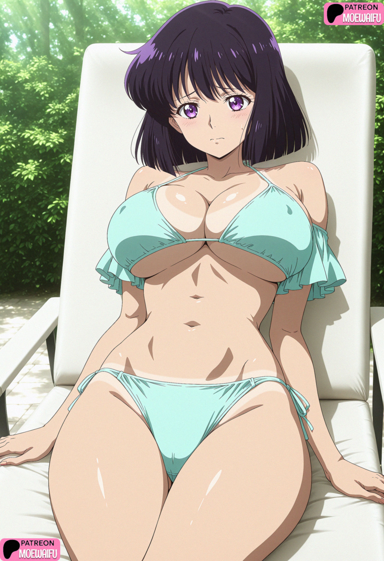 1girl accurate_art_style adult adult_swim aged_up alluring big_breasts bikini bishoujo_senshi_sailor_moon bishoujo_senshi_sailor_moon_s bishoujo_senshi_sailor_moon_supers black_hair cleavage hotaru_tomoe moewaifu974 on_recliner purple_eyes recliner toei_animation toonami