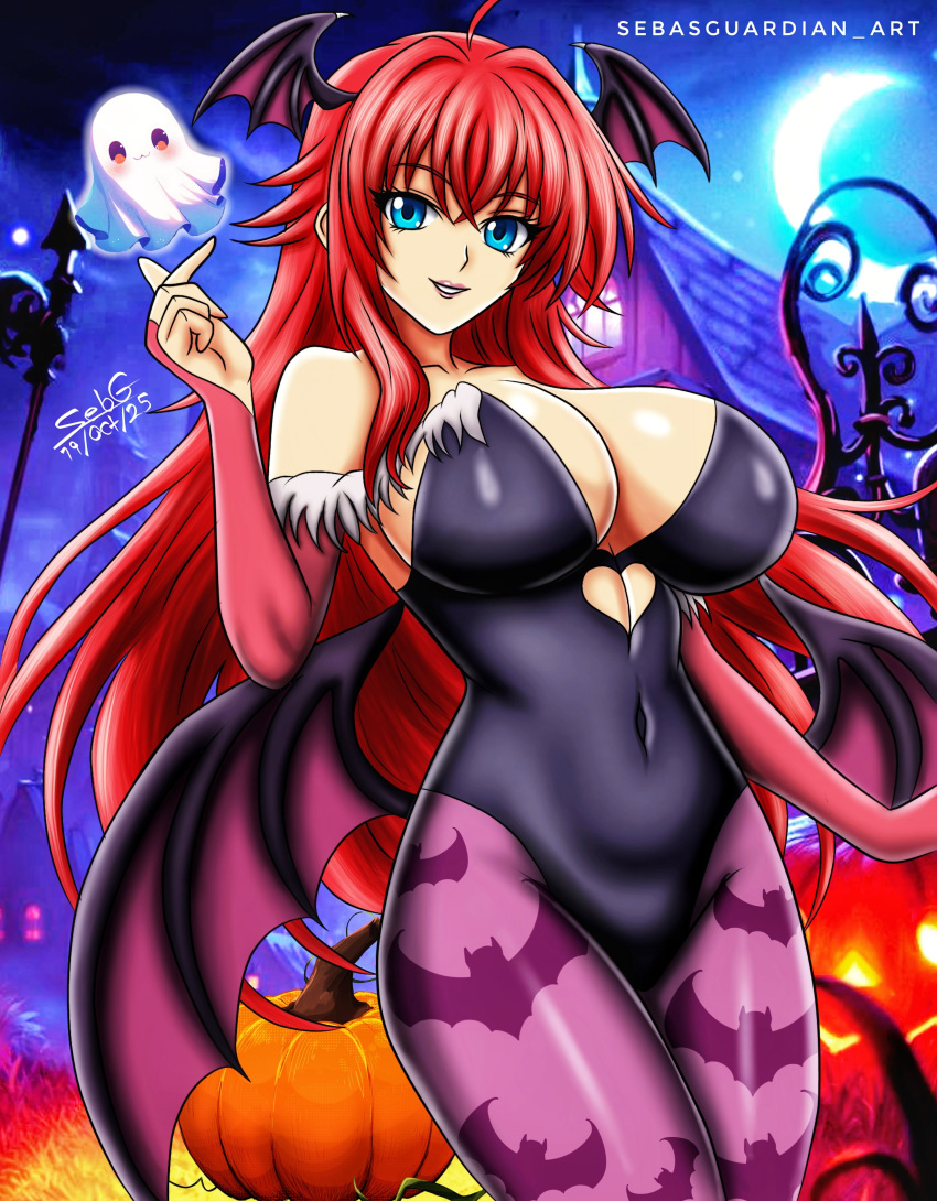 1girl ahoge alluring bat_print bat_wings big_breasts blue_eyes bridal_gauntlets cosplay covered_navel darkstalkers halloween high_school_dxd impossible_clothes leotard long_hair morrigan_aensland morrigan_aensland_(cosplay) red_hair rias_gremory sebasguardian.art skin_tight smile tagme tight_cloting wings