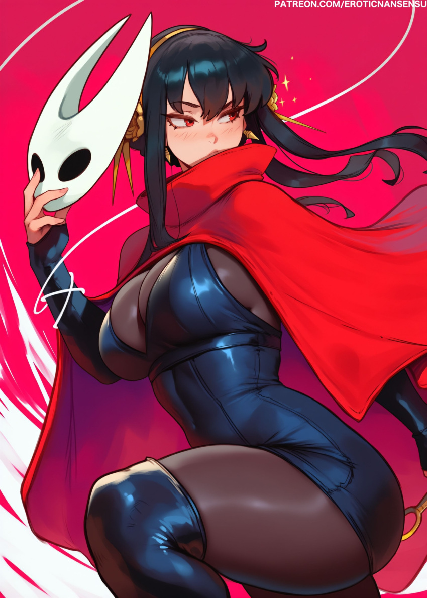 1girl ai_assisted ai_generated big_breasts black_bodysuit black_hair bodysuit breasts character_mask cloak cosplay covered_navel digital_drawing_(artwork) erotic_nansensu female_only hair_up hairband high_res holding holding_mask holding_weapon hollow_knight hollow_knight:_silksong horned_mask hornet_(hollow_knight)_(cosplay) jpeg mask multiple_views red_cloak red_eyes sidelocks spy_x_family weapon white_hairband white_mask yor_briar yor_forger