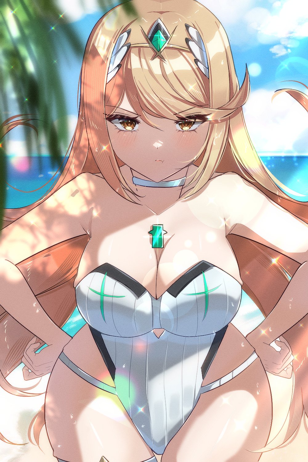1girl alluring annoyed big_breasts bikini blonde_hair cleavage high_res mythra_(radiant_beach)_(xenoblade) mythra_(xenoblade) nintendo one-piece_bikini xenoblade_(series) xenoblade_chronicles_2 yellow_eyes zer00han