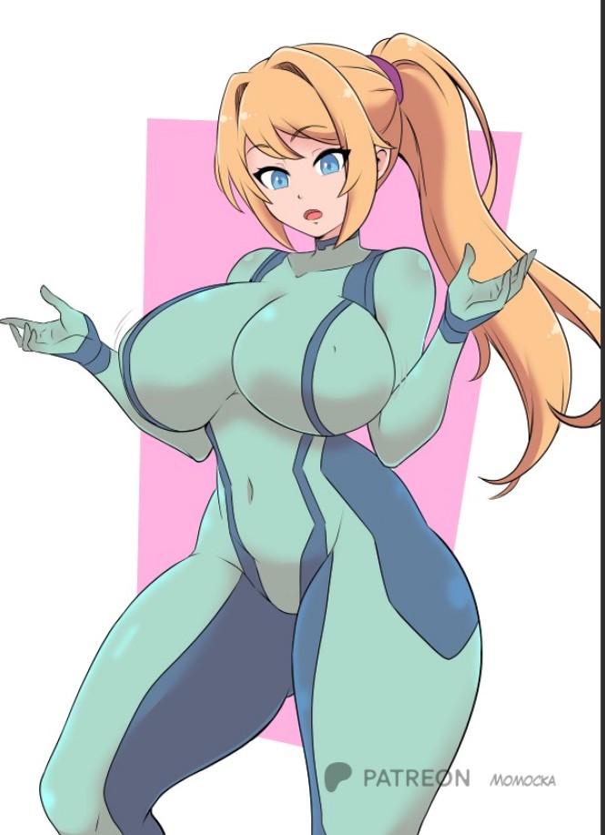 1girl alluring artist_name big_breasts blonde_hair blue_bodysuit blue_eyes bodysuit bouncing_breasts impossible_bodysuit impossible_clothes long_hair looking_down metroid momocka-art momocka_art nintendo ponytail samus_aran simple_background skin_tight standing white_background zero_suit