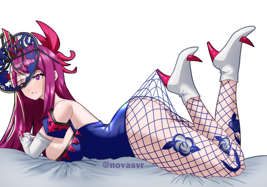 1girl alluring ass big_breasts blue_leotard elbow_gloves fascinator fire_emblem fire_emblem_engage fishnet_pantyhose fishnets gloves high_heels high_res intelligent_systems ivy_(fire_emblem) lace_pantyhose_hooked_on_heel_(meme) leotard long_hair looking_at_viewer lying mole mole_under_mouth nintendo novasvr on_stomach pantyhose purple_eyes purple_hair see-through_clothes see-through_headwear spiked stockings thorn_print white_gloves