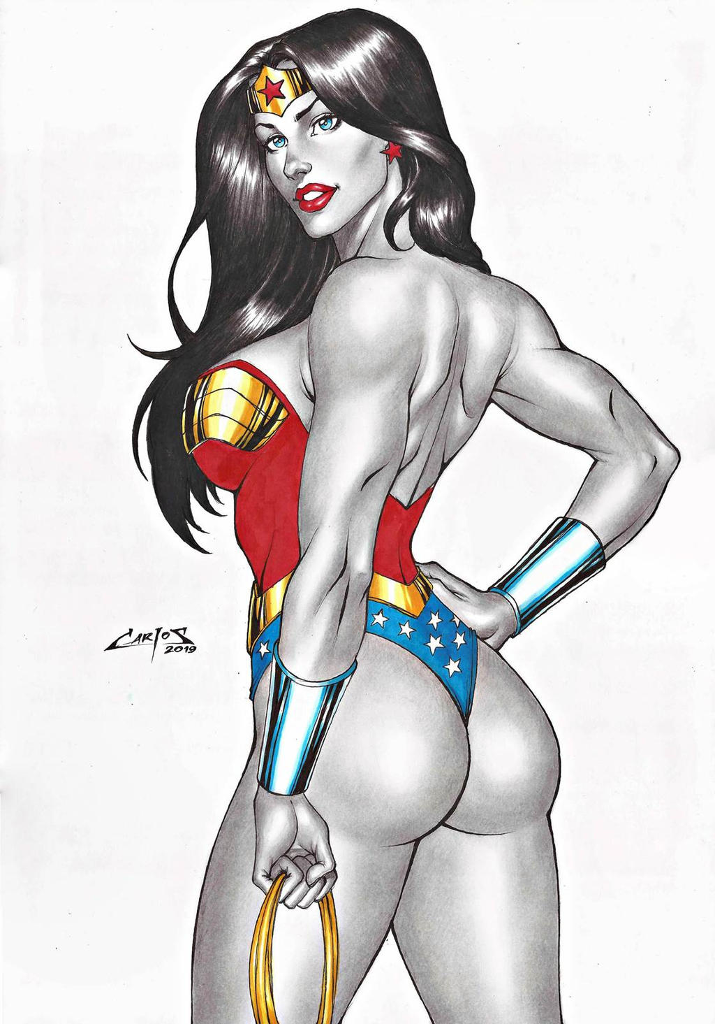 1girl amazon arm_at_side ass back bangs bare_arms bare_back bare_legs bare_shoulders big_ass big_breasts black_hair blue_eyes blue_leotard bracer breasts carlos_braga dc_comics dcau diana_prince earrings female_only female_solo from_behind grin hand_on_hip head_tilt heroine holding holding_object jewelry justice_league justice_league_unlimited lasso_of_truth legs leotard lips lipstick long_hair looking_at_viewer looking_back makeup multicolored_clothes multicolored_leotard naughty_face neck parted_bangs parted_lips red_earrings red_leotard red_lipstick simple_background smile spread_legs standing star star_(symbol) star_earrings star_print straight_hair strapless strapless_leotard superhero_costume superheroine themysciran thighs tiara two-tone_leotard white_background wonder_woman wonder_woman_(series)