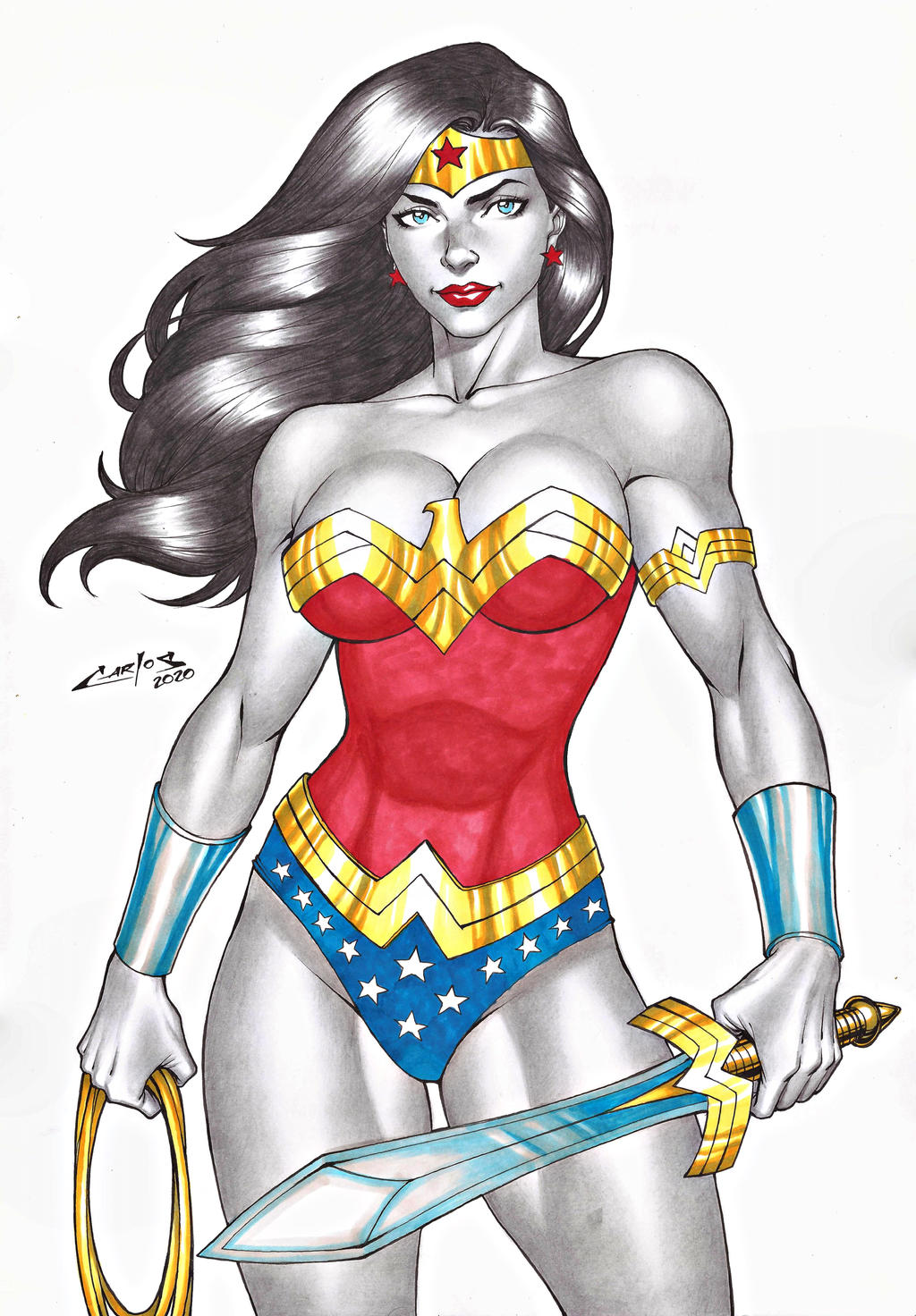 1girl amazon armlet arms_at_sides bangs bare_arms bare_legs bare_shoulders big_breasts black_hair blue_eyes blue_leotard bracer breasts carlos_braga cleavage closed_mouth collarbone dc_comics dcau diana_prince earrings female_only female_solo floating_hair heroine holding holding_object holding_sword holding_weapon jewelry justice_league justice_league_unlimited lasso_of_truth legs leotard lips lipstick long_hair looking_at_viewer makeup multicolored_clothes multicolored_leotard neck parted_bangs red_earrings red_leotard red_lipstick serious simple_background spread_legs standing star star_(symbol) star_earrings star_print straight_hair strapless strapless_leotard superhero_costume superheroine sword themysciran thighs tiara two-tone_leotard weapon white_background wonder_woman wonder_woman_(series)