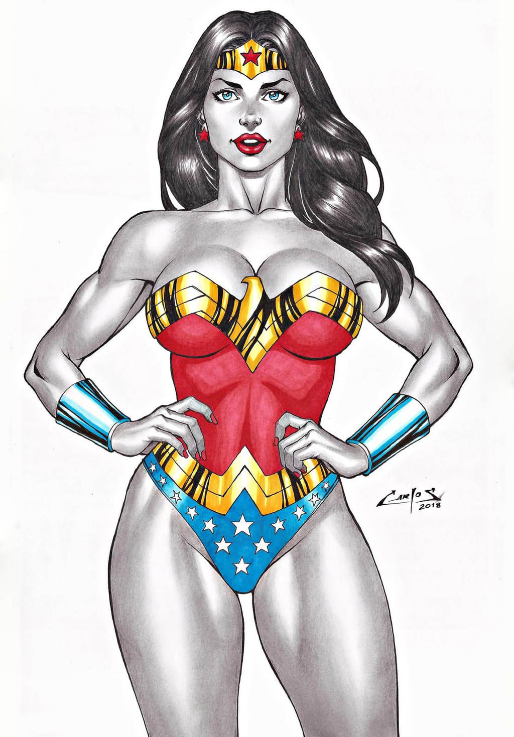 1girl amazon bangs bare_arms bare_legs bare_shoulders big_breasts black_hair blue_eyes blue_leotard bracer breasts carlos_braga cleavage collarbone dc_comics dcau diana_prince earrings female_only female_solo hands_on_hips heroine jewelry justice_league justice_league_unlimited legs leotard lips lipstick long_hair looking_at_viewer makeup multicolored_clothes multicolored_leotard nail_polish naughty_face neck open_mouth parted_bangs red_earrings red_leotard red_lipstick red_nails round_teeth simple_background smile spread_legs standing star star_(symbol) star_earrings star_print straight_hair strapless strapless_leotard superhero_costume superheroine teeth themysciran thighs tiara two-tone_leotard upper_teeth upper_teeth_only white_background wonder_woman wonder_woman_(series)
