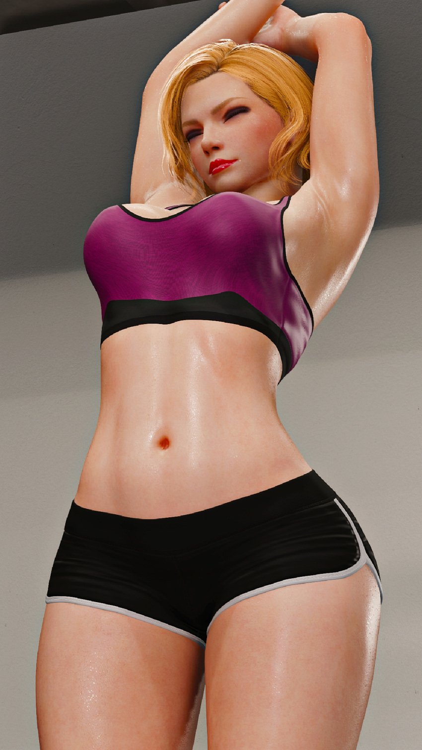 1girl bandai_namco big_breasts blonde blonde_hair female_only gym_clothes namco namco_bandai nina_williams pixiv redx standing tekken tekken_8 thick_thighs