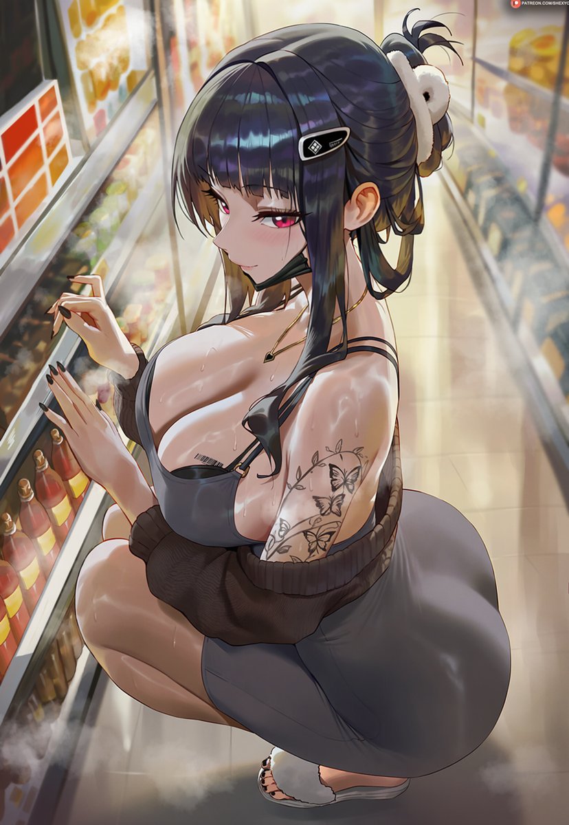 1girl barcode barcode_tattoo big_breasts black_hair bubble_butt cleavage d_(killer_wife)_(nikke) d_(nikke) goddess_of_victory:_nikke horny inviting_to_sex looking_at_viewer pose red_eyes shexyo sitting teasing thick_thighs